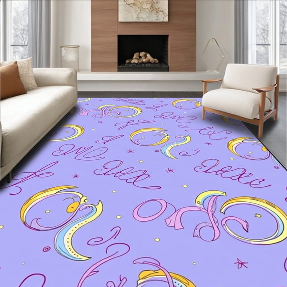 ODIKA 2'x3' Machine Washable Non-Slip Area Rug, Dreamy with Interlocking Dots and Stars High Traffic Rug with Pad, Purple, 689500