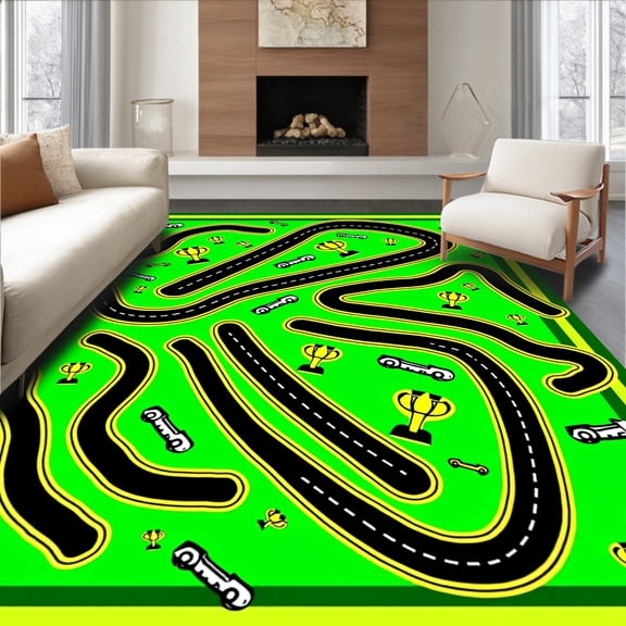 ODIKA 2x3 Machine Washable Non-Slip Area Rug, Dynamic Racetrack Circuit Championship Trophy Decorative High Traffic Rug, Green, 677875