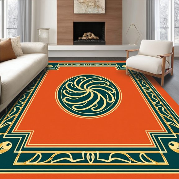 ODIKA 2x3 Machine Washable Non-Slip Area Rug, Dynamic Spiral Badge Motif with Art Influences High Traffic Rug, Orange, 678627