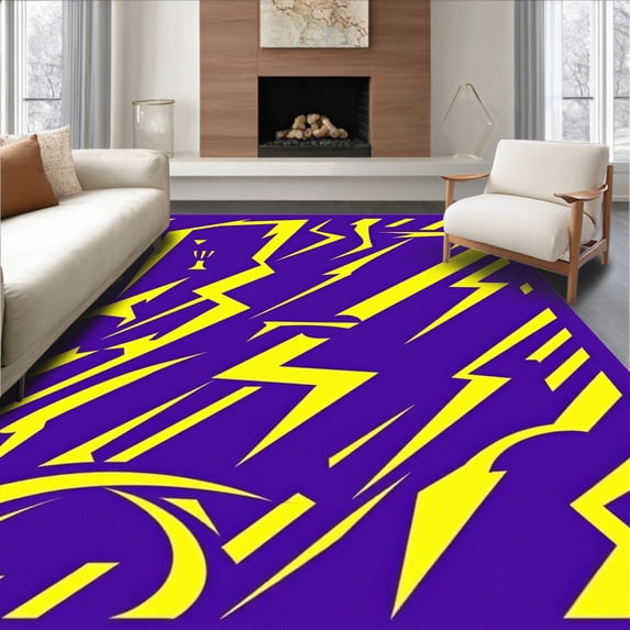 ODIKA 2'x3' Machine Washable Non-Slip Area Rug, Dynamic Thunderbolt Stripe with Abstract Championship Motif High Traffic Rug, Purple, 671996