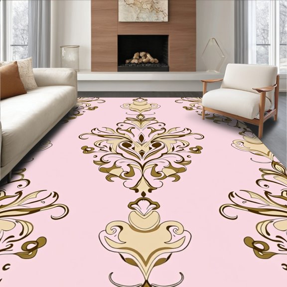 ODIKA 2'x3' Machine Washable Non-Slip Area Rug, Eclectic Artistic Watercolor Damask Nouveau High Traffic Rug, Pink, 564168