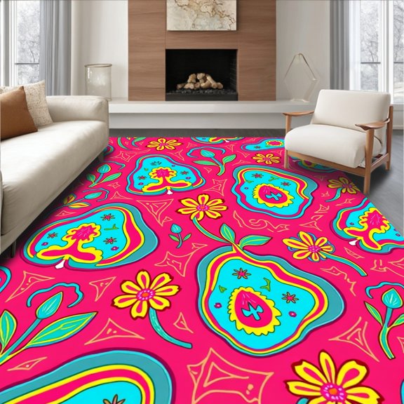 ODIKA 2x3 Machine Washable Non-Slip Area Rug, Eclectic Bohemian Artistry Avant garde Decorative Statement High Traffic Rug, Pink, 666650