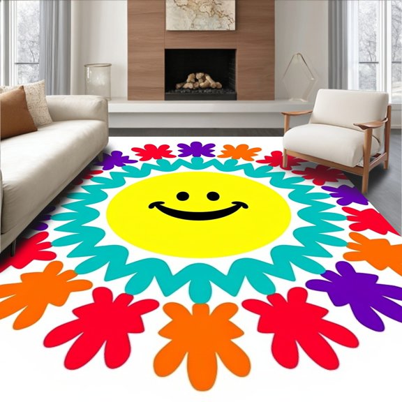 ODIKA 2x3 Machine Washable Non-Slip Area Rug, Ecstatic Daisy Artistic Floor Decoration Smiling Symbol High Traffic Rug, Yellow, 666915