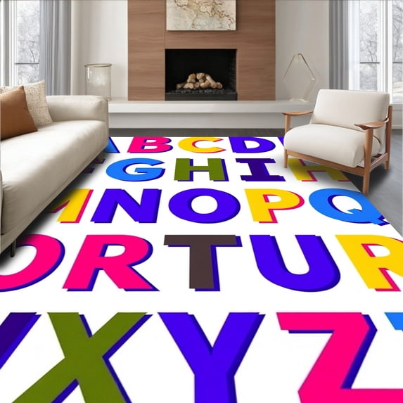 ODIKA 2'x3' Machine Washable Non-Slip Area Rug, Educational Alphabet Learning Grid With Vibrant Letter Symbols High Traffic Rug, Blue, 698817