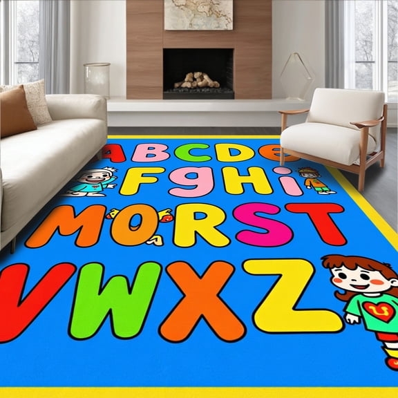 ODIKA 2x3 Machine Washable Non-Slip Area Rug, Educational Alphabet Learning Oval Play With Phonetic Symbols High Traffic Rug, Blue, 696952