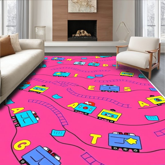 ODIKA 2x3 Machine Washable Non-Slip Area Rug, Educational Alphabet Train Journey Adventure Learning Playmat High Traffic Rug, Pink, 693092
