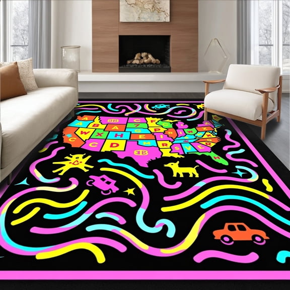 ODIKA 2x3 Machine Washable Non-Slip Area Rug, Educational Map Adventure Road Play With Alphabet Animals High Traffic Rug, Pink, 696879
