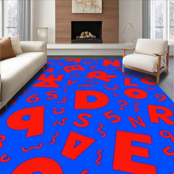 ODIKA 2x3 Machine Washable Non-Slip Area Rug, Educational Playmat with Colorful Letter Blocks and Numeric Symbols High Traffic Rug, Blue, 688046