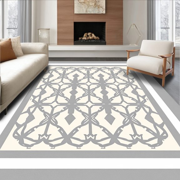 ODIKA 2x3 Machine Washable Non-Slip Area Rug, Elegant Bordered Trellis With Minimalist Lattice High Traffic Rug, Gray, 601024
