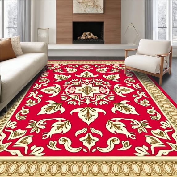ODIKA 2'x3' Machine Washable Non-Slip Area Rug, Elegant Botanical Damask Symmetrical Design High Traffic Rug with Pad, Red, 572993