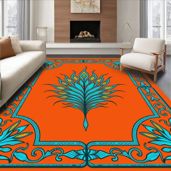 ODIKA 2x3 Machine Washable Non-Slip Area Rug, Elegant Botanical Peacock Feather Entryway High Traffic Rug, Orange, 581509