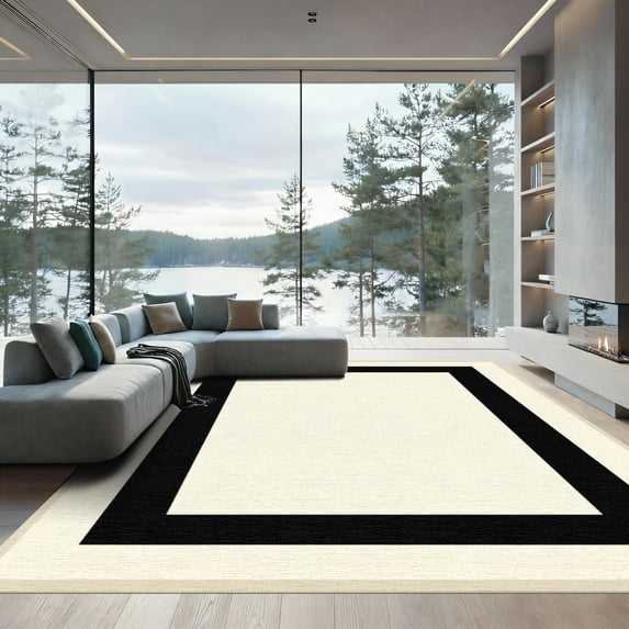 ODIKA 2'x3' Machine Washable Non-Slip Area Rug, Elegant Contrast Design with Repeated Narrow and Wide Stripes High Traffic Rug with Pad, Black, 894705