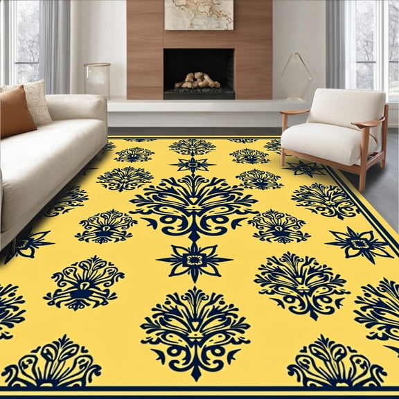 ODIKA 2x3 Machine Washable Non-Slip Area Rug, Elegant Damask Flourish Heritage High Traffic Rug, Yellow, 530112
