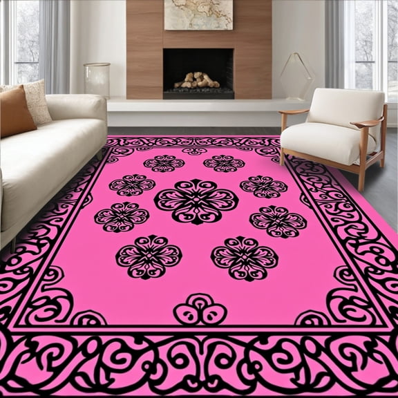 ODIKA 2x3 Machine Washable Non-Slip Area Rug, Elegant Damask Scroll Reversible Straw Farmhouse Patio Balcony High Traffic Rug, Pink, 701577