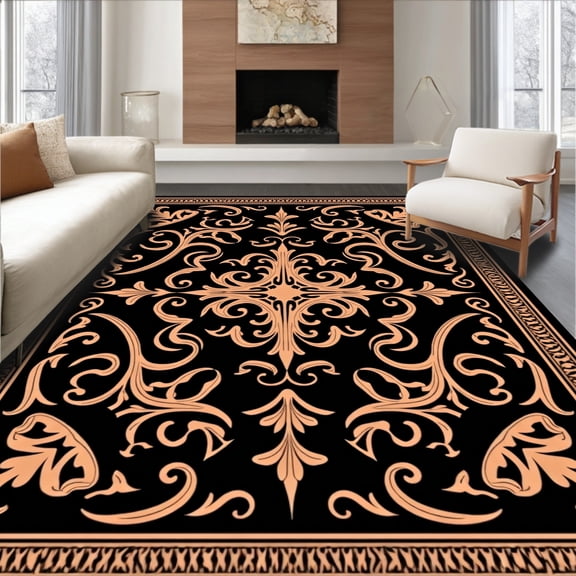 ODIKA 2x3 Machine Washable Non-Slip Area Rug, Elegant Distressed Damask Flourish Symphony High Traffic Rug, Black, 486954