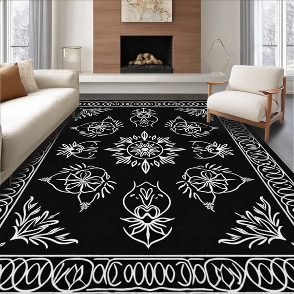 ODIKA 2'x3' Machine Washable Non-Slip Area Rug, Elegant Floral Medallion Entryway Dirt Trapper High Traffic Rug with Pad, Black, 600349