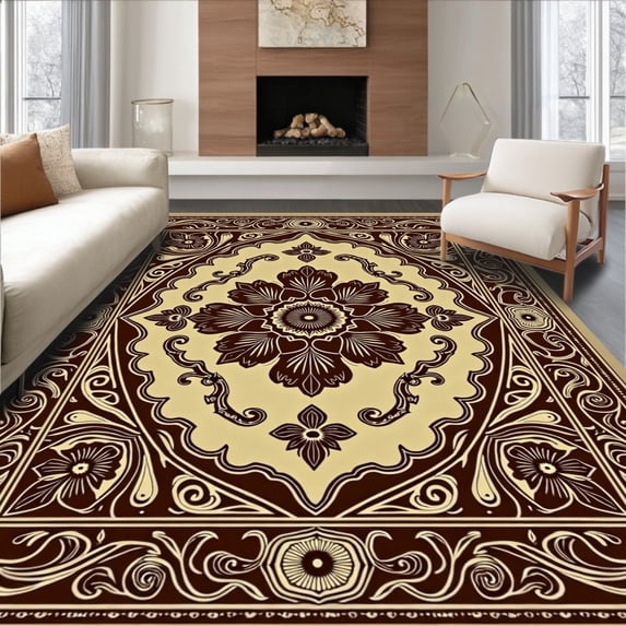 ODIKA 2'x3' Machine Washable Non-Slip Area Rug, Elegant Floral Medallion Hearth Decoration High Traffic Rug, Brown, 666104