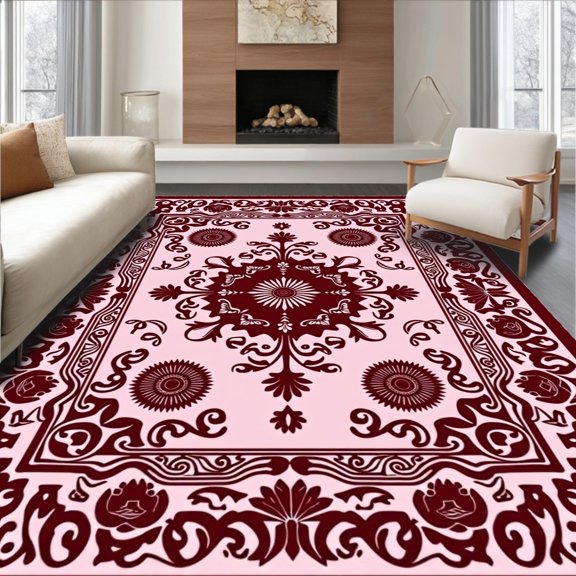 ODIKA 2x3 Machine Washable Non-Slip Area Rug, Elegant Floral Medallion Scroll Paisley Vine Damask High Traffic Rug, Pink, 551839