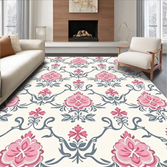 ODIKA 2x3 Machine Washable Non-Slip Area Rug, Elegant Floret Damask Transitional Charm Luxury Statement High Traffic Rug, Pink, 659327