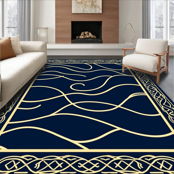 ODIKA 2x3 Machine Washable Non-Slip Area Rug, Elegant Gold & Navy Wave High Traffic Rug, Gold, 359968