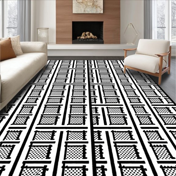 ODIKA 2x3 Machine Washable Non-Slip Area Rug, Elegant Grid Motif Contemporary Statement High Traffic Rug, Black, 577612