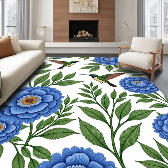 ODIKA 2'x3' Machine Washable Non-Slip Area Rug, Elegant Hummingbird and Peony Motifs with Ornate Leaf High Traffic Rug, Blue, 477915