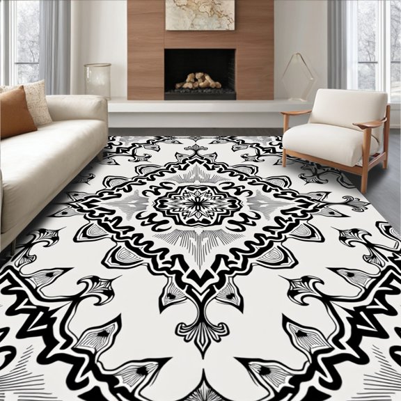 ODIKA 2x3 Machine Washable Non-Slip Area Rug, Elegant Inspired Boho With Intricate Interlocking Motifs High Traffic Rug, Black, 561419