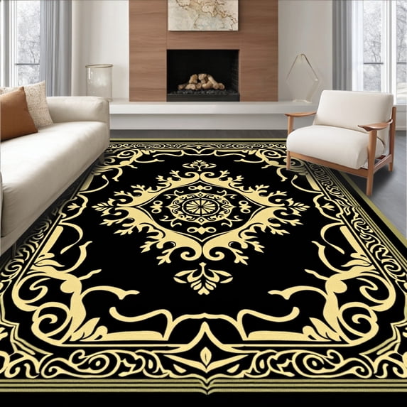 ODIKA 2'x3' Machine Washable Non-Slip Area Rug, Elegant Interlocking Medallion Swirl Decorative Contemporary Accent High Traffic Rug with Pad, Black, 579474