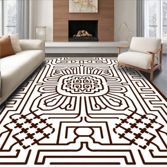 ODIKA 2x3 Machine Washable Non-Slip Area Rug, Elegant Maze Labyrinth Symmetrical Medallion Heirloom High Traffic Rug, Brown, 710272