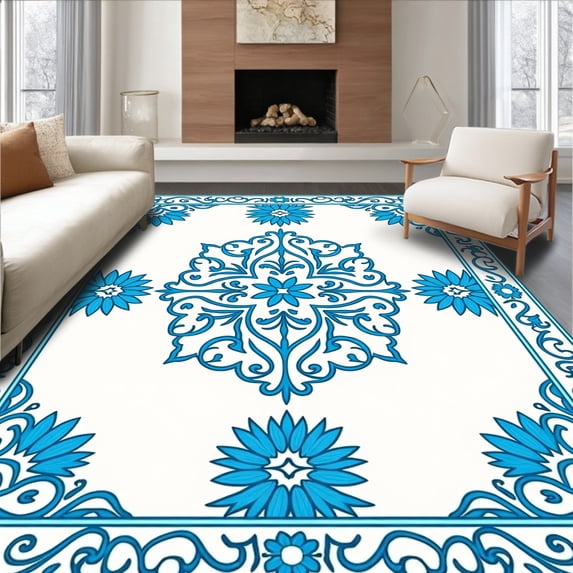 ODIKA 2'x3' Machine Washable Non-Slip Area Rug, Elegant Medallion Vine Botanical Swirl Enchanted Garden High Traffic Rug, Blue, 437692