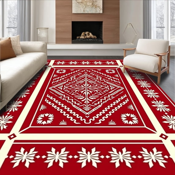 ODIKA 2'x3' Machine Washable Non-Slip Area Rug, Elegant Nordic Snowflake Arrangement with Stylized Pinecone Highlights High Traffic Rug with Pad, Red, 507732