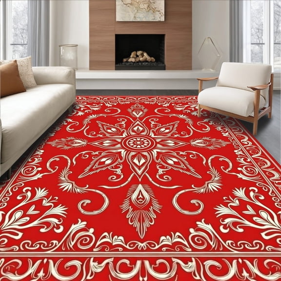 ODIKA 2'x3' Machine Washable Non-Slip Area Rug, Elegant Paisley Flourish Botanical Heritage Vintage Motif High Traffic Rug, Red, 611269