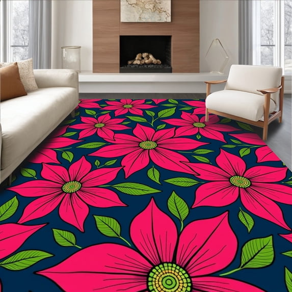 ODIKA 2'x3' Machine Washable Non-Slip Area Rug, Elegant Poinsettia Blossom with Botanical Winter Flourishes High Traffic Rug with Pad, Pink, 611495