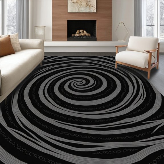 ODIKA 2x3 Machine Washable Non-Slip Area Rug, Elegant Spiral Labyrinth Artistic Abstract Decorative Motif High Traffic Rug, Black, 579170