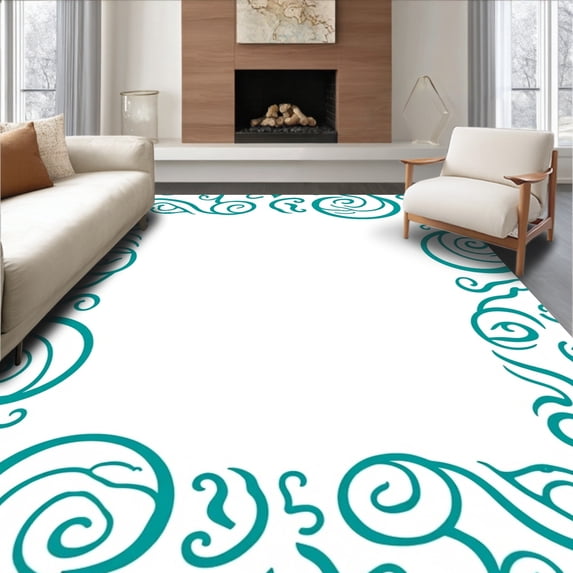 ODIKA 2'x3' Machine Washable Non-Slip Area Rug, Elegant Swirl Symphony With Curved Flowing Design High Traffic Rug with Pad, Blue, 599914