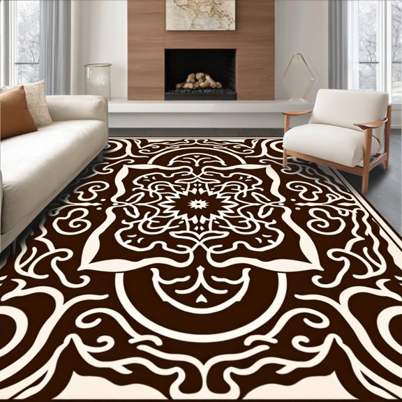 ODIKA 2x3 Machine Washable Non-Slip Area Rug, Elegant Swirling Medallion Classic Wave High Traffic Rug, Brown, 526647