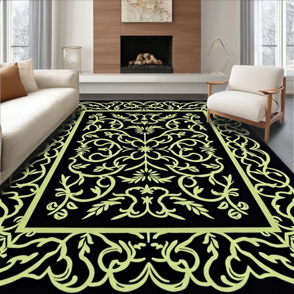 ODIKA 2x3 Machine Washable Non-Slip Area Rug, Elegant Vine Trellis Botanical Aristocratic Masterwork High Traffic Rug, Black, 579453