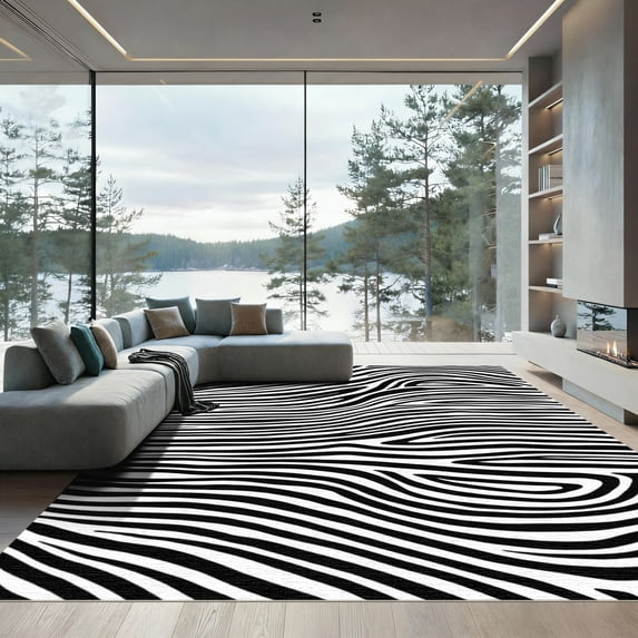 ODIKA 2'x3' Machine Washable Non-Slip Area Rug, Elegant Wildlife Stripe With Distinctive Banding High Traffic Rug, Black, 901273