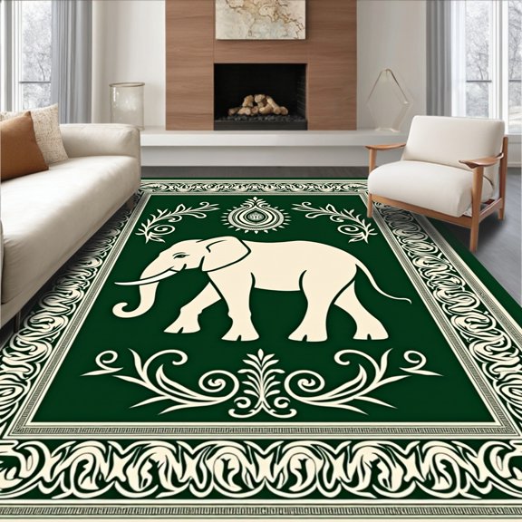 ODIKA 2x3 Machine Washable Non-Slip Area Rug, Elephant Latch Hook Kit Ornate Design High Traffic Rug, Green, 647620