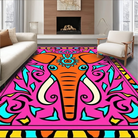 ODIKA 2x3 Machine Washable Non-Slip Area Rug, Elephant Needlework Kit with Abstract Aztec Inspired High Traffic Rug, Pink, 647549