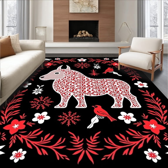 ODIKA 2'x3' Machine Washable Non-Slip Area Rug, Embroidery Cushion Kit Sweet Highland Beast with Winter Florals High Traffic Rug, Black, 745091