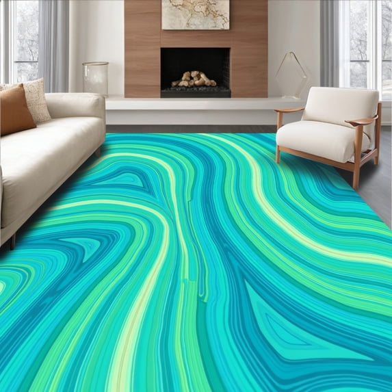 ODIKA 2'x3' Machine Washable Non-Slip Area Rug, & Emerald Abstract Ripple Design High Traffic Rug with Pad, Blue, 382096