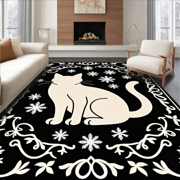 ODIKA 2'x3' Machine Washable Non-Slip Area Rug, Enchanted Cat with Silver Frosted Floral Vines and Snow Crystals High Traffic Rug, Black, 631275