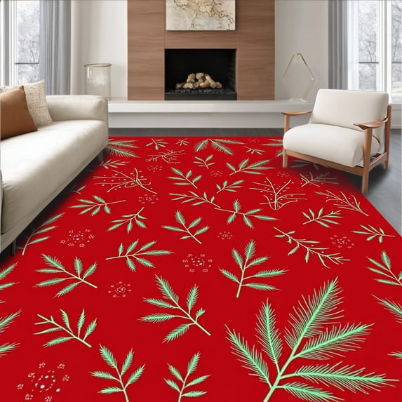 ODIKA 2'x3' Machine Washable Non-Slip Area Rug, Enchanted Evergreen Bough Seasonal Entrance Welcoming Path High Traffic Rug with Pad, Red, 622389