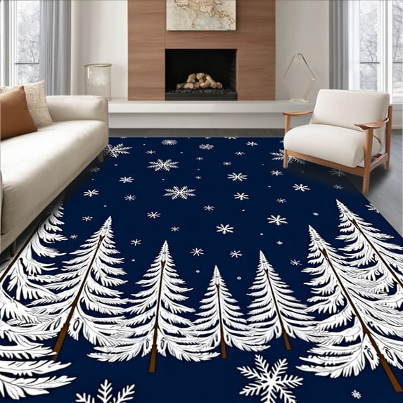 ODIKA 2'x3' Machine Washable Non-Slip Area Rug, Enchanted Evergreen Frosty Celebration Front Pathway Greeting High Traffic Rug, Blue, 638328