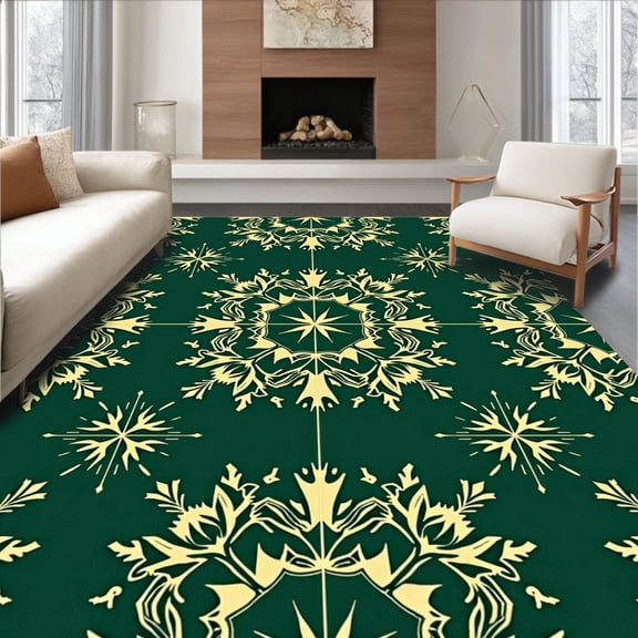 ODIKA 2x3 Machine Washable Non-Slip Area Rug, Enchanted Evergreen Snowflake Textured High Traffic Rug, Green, 503368
