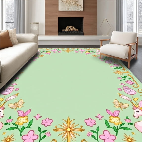ODIKA 2'x3' Machine Washable Non-Slip Area Rug, Enchanted Fairy Tale Characters Featuring Mystical Creatures High Traffic Rug, Mint, 721840