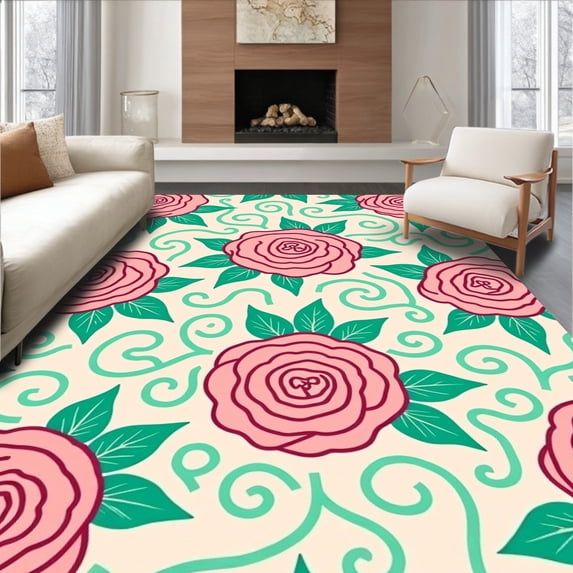 ODIKA 2'x3' Machine Washable Non-Slip Area Rug, Enchanted Flower Field with Dancing Rose and Hydrangea Motifs High Traffic Rug, Pink, 509662