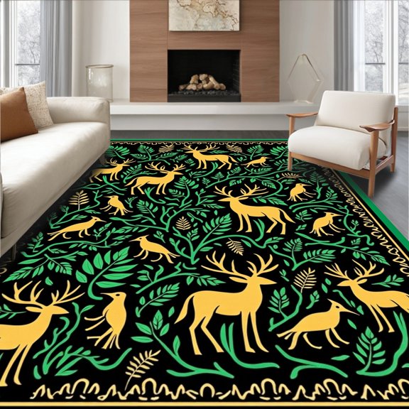 ODIKA 2x3 Machine Washable Non-Slip Area Rug, Enchanted Forest Critter with Interlocking Animal High Traffic Rug, Gold, 681930