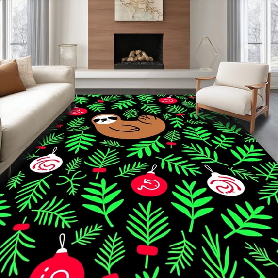ODIKA 2'x3' Machine Washable Non-Slip Area Rug, Enchanted Forest Sloth with Holiday Baubles and Stylized Pine Leaves High Traffic Rug, Black, 635027